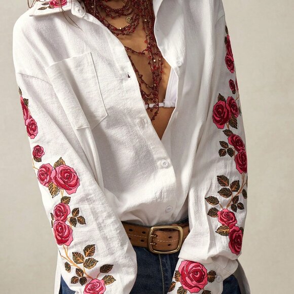 White Boho Women's Woven Asymmetrical Long Sleeve Shirt - Picture 4 of 7